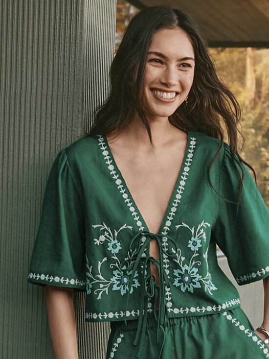 LOFT Tops - LOFT Floral Linen Cotton Bow Blouse | Evergreen | Size L